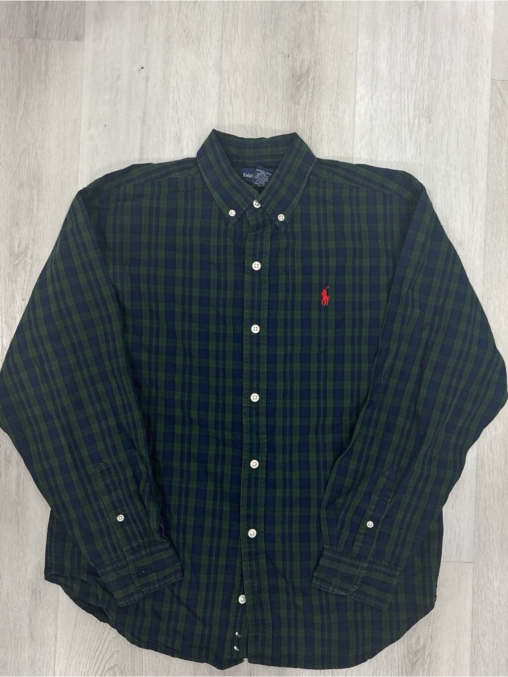 Ralph Lauren Navy and Green Plaid Button-Down Shirt with Red Pony